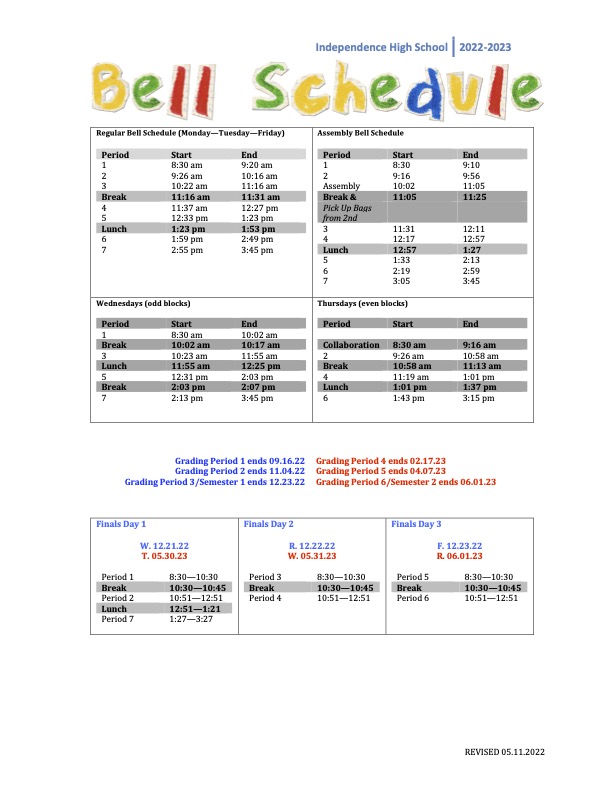 ESUHSD Independence High School Bell Schedule